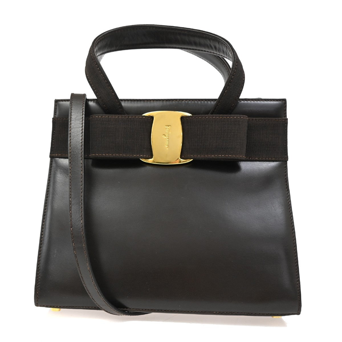 SALVATORE FERRAGAMO Vara 2Way Hand Bag Canvas Leather Brown Gold Italy 64TA067