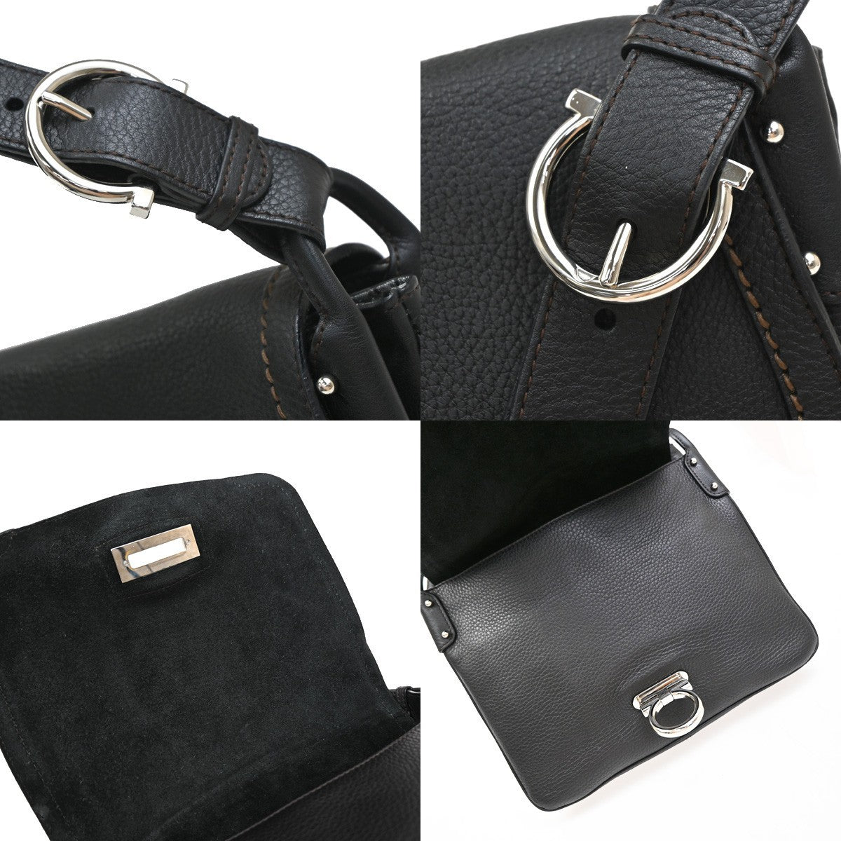 SALVATORE FERRAGAMO Gancini Shoulder Bag Leather Black SHW Italy 34RF978