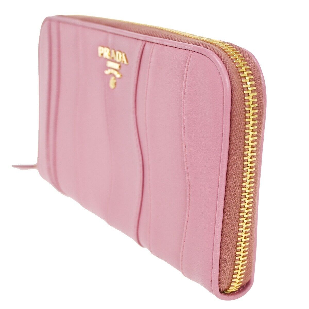 PRADA Logo Long Zip Wallet Nappa Stripes Leather Camelia Pink Gold Italy 82SH690