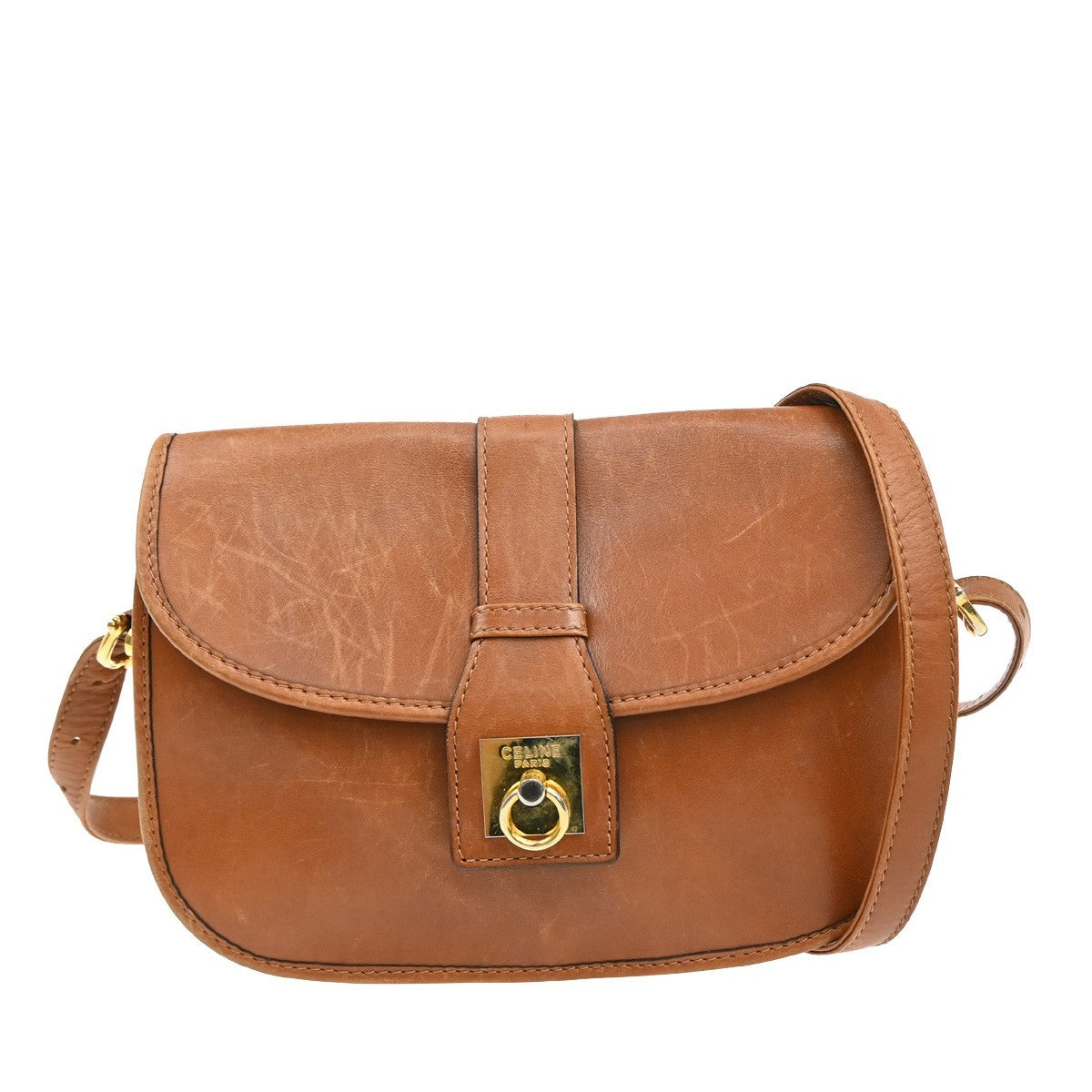 CELINE Logo Shoulder Bag Leather Brown GHW Made In Italy 02FC143