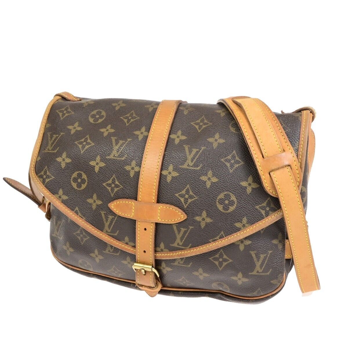 LOUIS VUITTON Logo Saumur MM Shoulder Bag Monogram Leather Brown M40710 83FB519