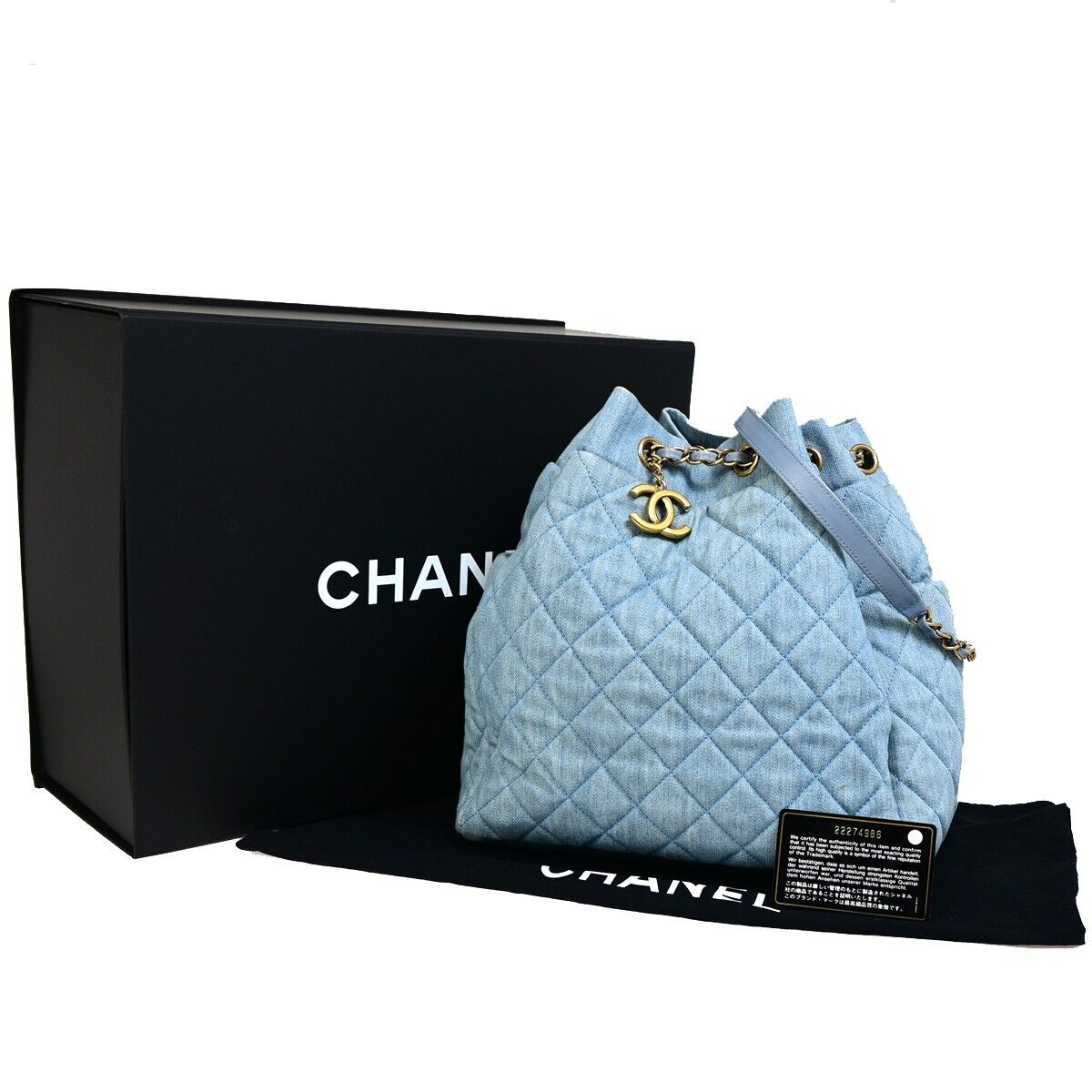CHANEL CC Logo Matelasse Chain Shoulder Bag Denim Leather Blue Gold 382RJ864