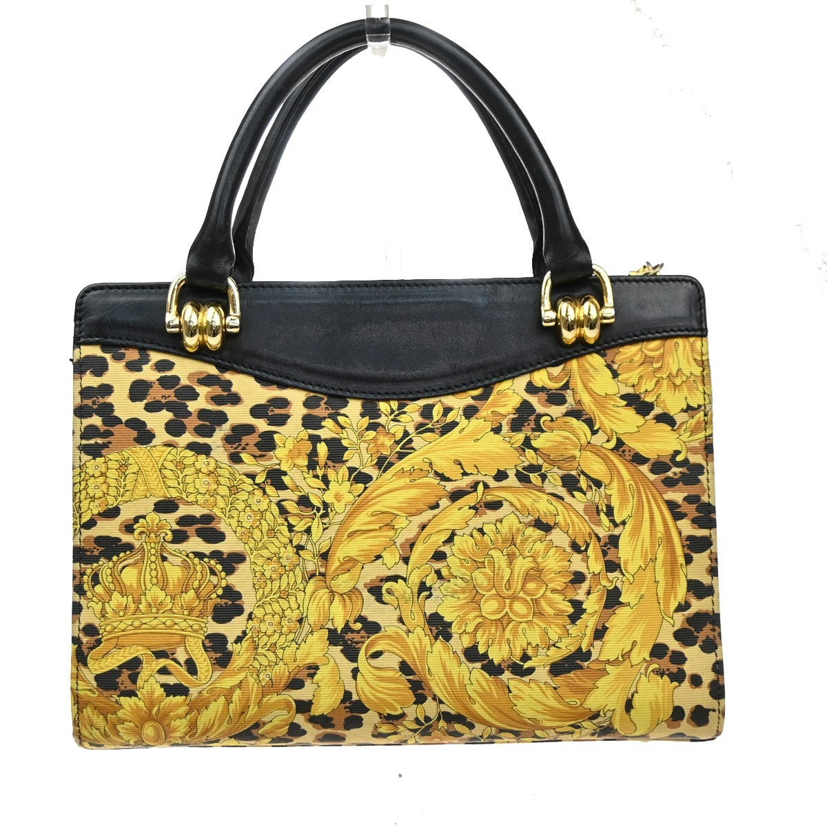 GIANNI VERSACE Logo Hand Bag Canvas Leather Yellow Black Italy GHW 30MA670