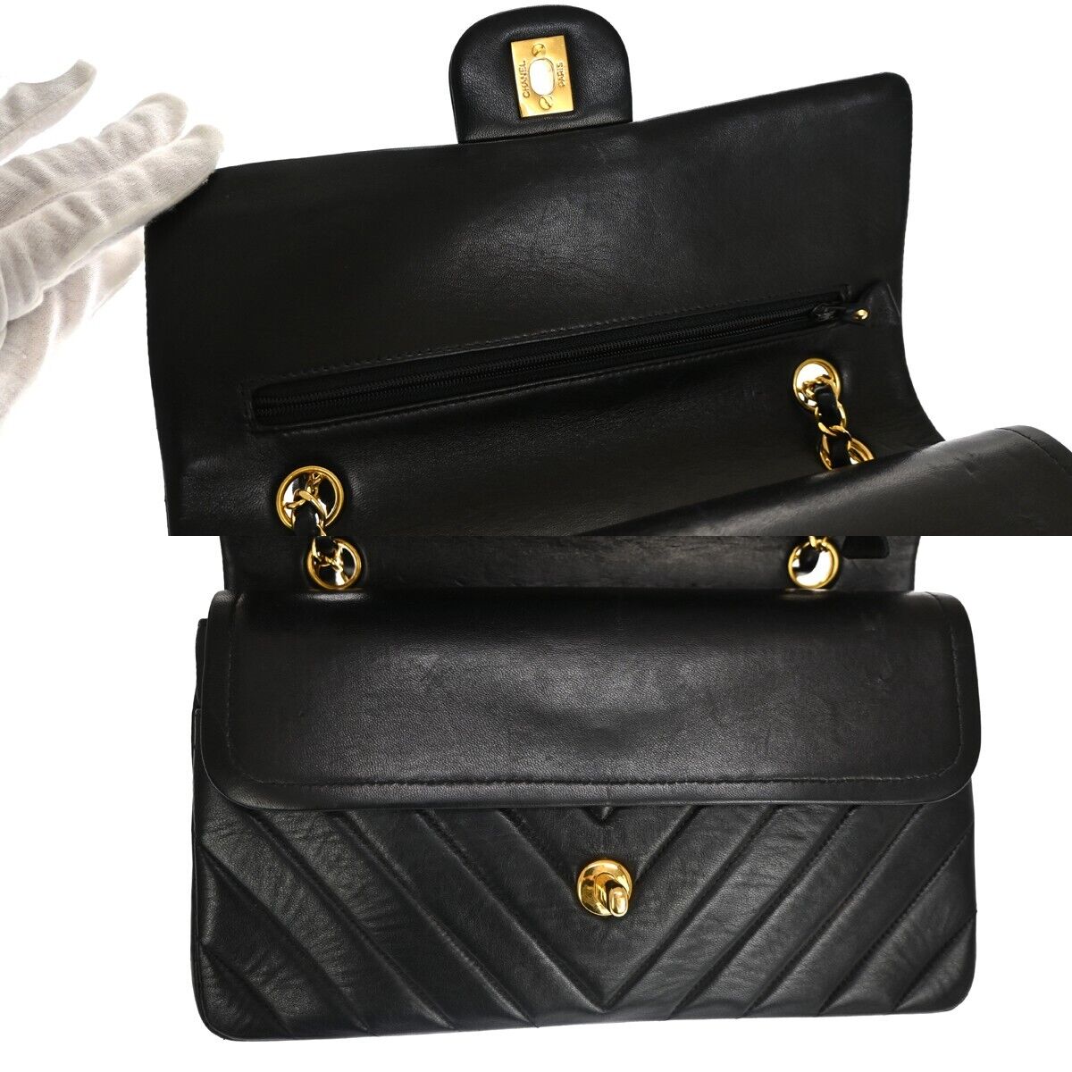 CHANEL CC Chevron Double Flap Chain Shoulder Bag Leather Black GHW VTG 153RJ052
