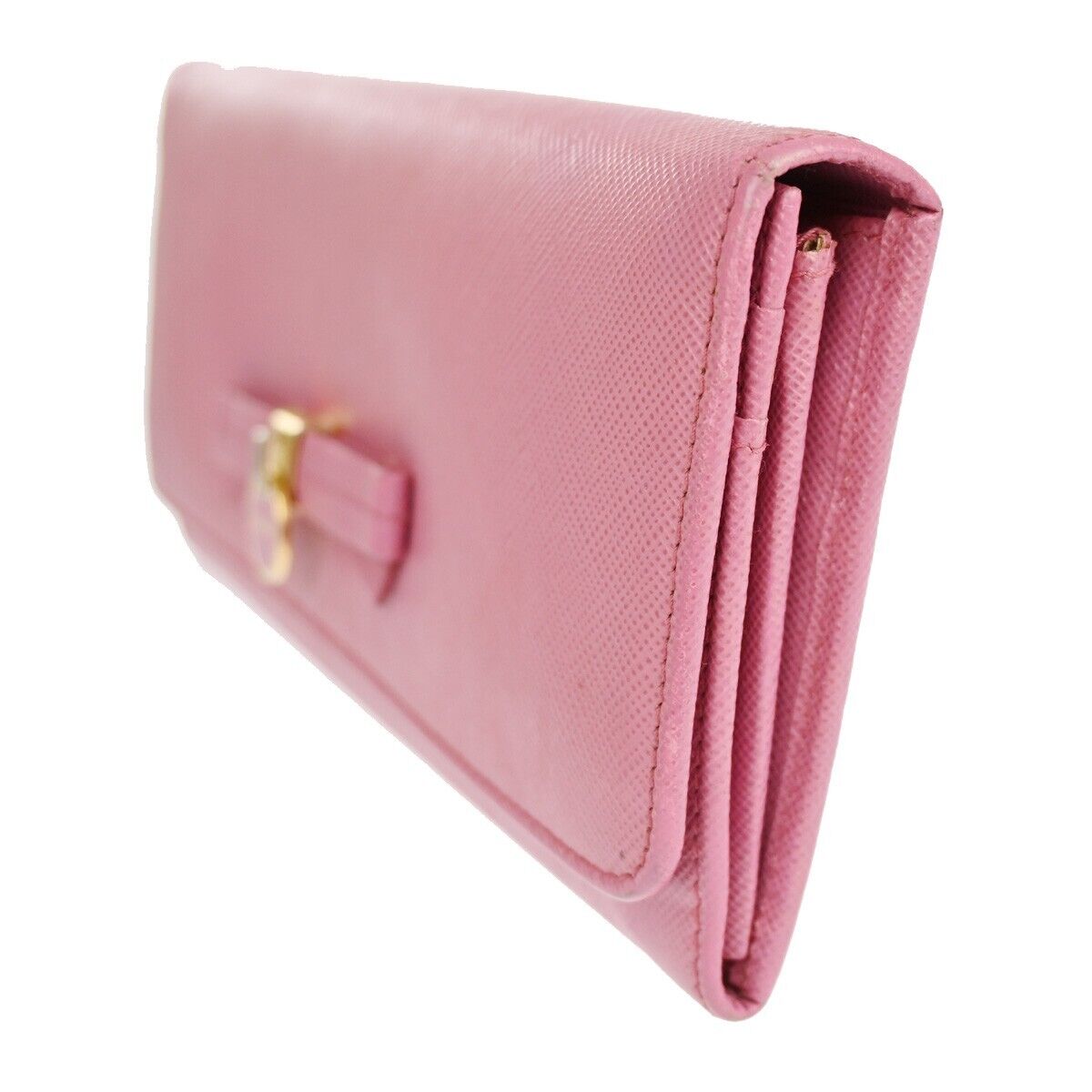 PRADA Logo Saffiano Bow Long Bifold Wallet Purse Leather Pink Italy 02EA641