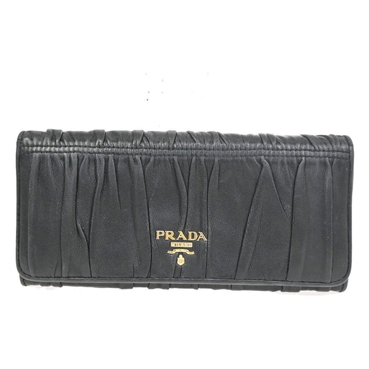 PRADA MILANO Logo Long Bifold Wallet Gathered Nappa Leather Black Italy 01TA539