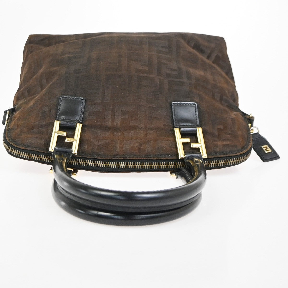 FENDI Zucca Hand Bag Nylon Leather Brown Black GHW Italy 68KC918