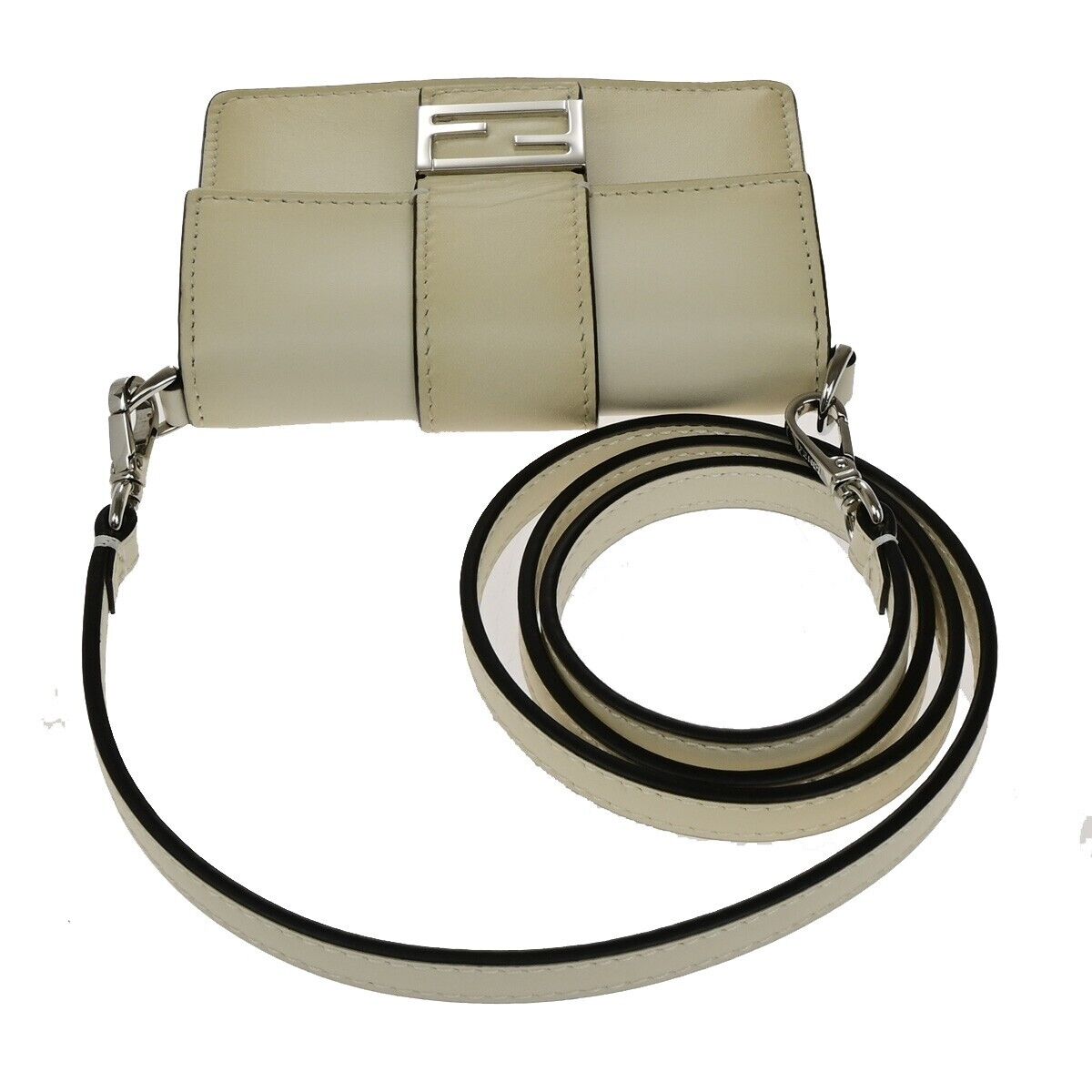 FENDI Logo Mini Flat Baguette Shoulder Bag Wallet Leather White 7M0311 89ED465