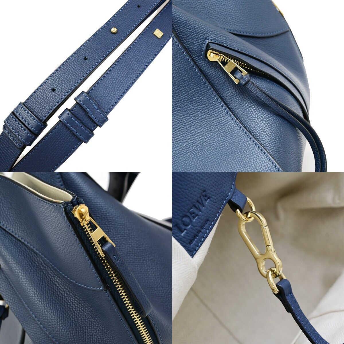LOEWE Logo Hammock Small 2Way Shoulder Hand Bag Leather Blue Gold 606RK722