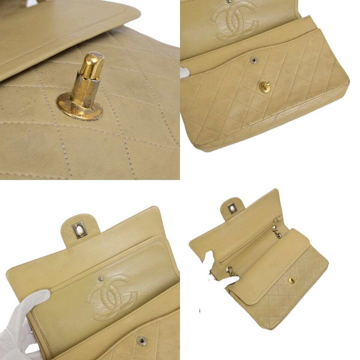 CHANEL CC Matelasse 25 Double Flap Chain Shoulder Bag Leather Beige GHW 636FB329