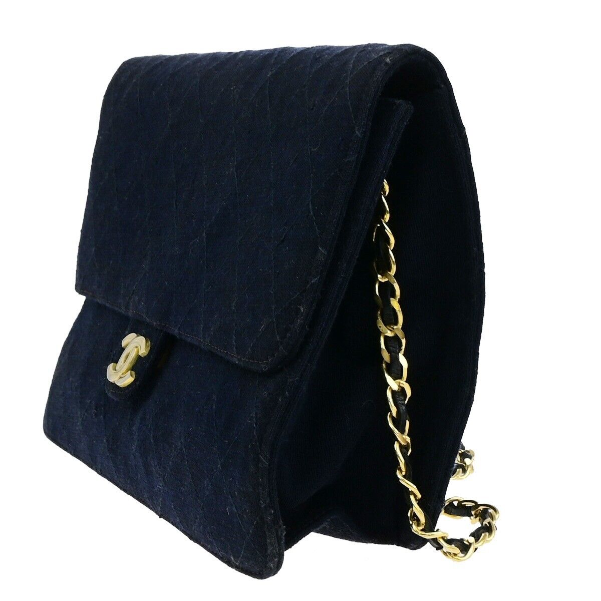 CHANEL CC Matelasse 25 Chain Shoulder Bag Canvas Leather Navy Blue GHW 78YF770