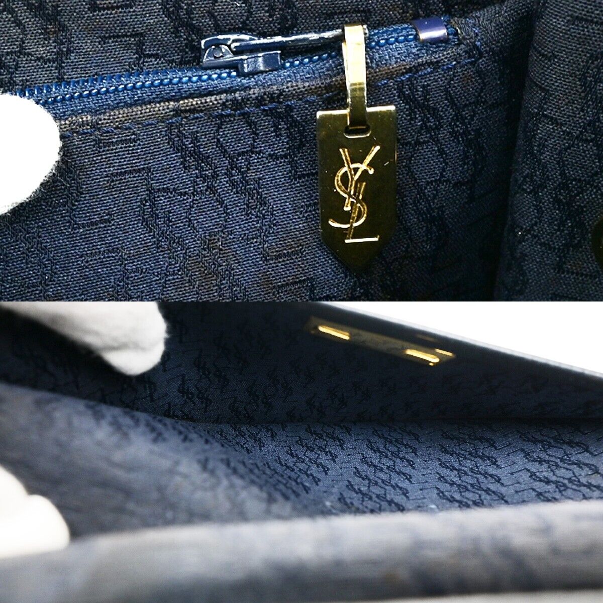 YVES SAINT LAURENT YSL Shoulder Bag Leather PVC Black Navy Blue Gold 66ED547
