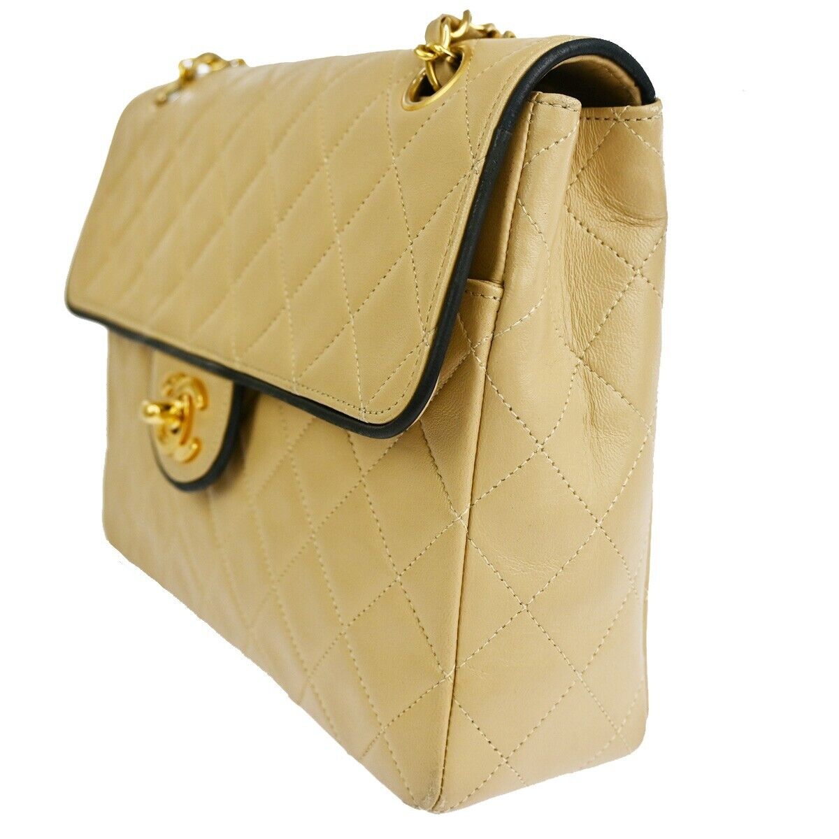 CHANEL CC Matelasse Chain Shoulder Bag Leather Beige Black GHW Vintage 318RJ663