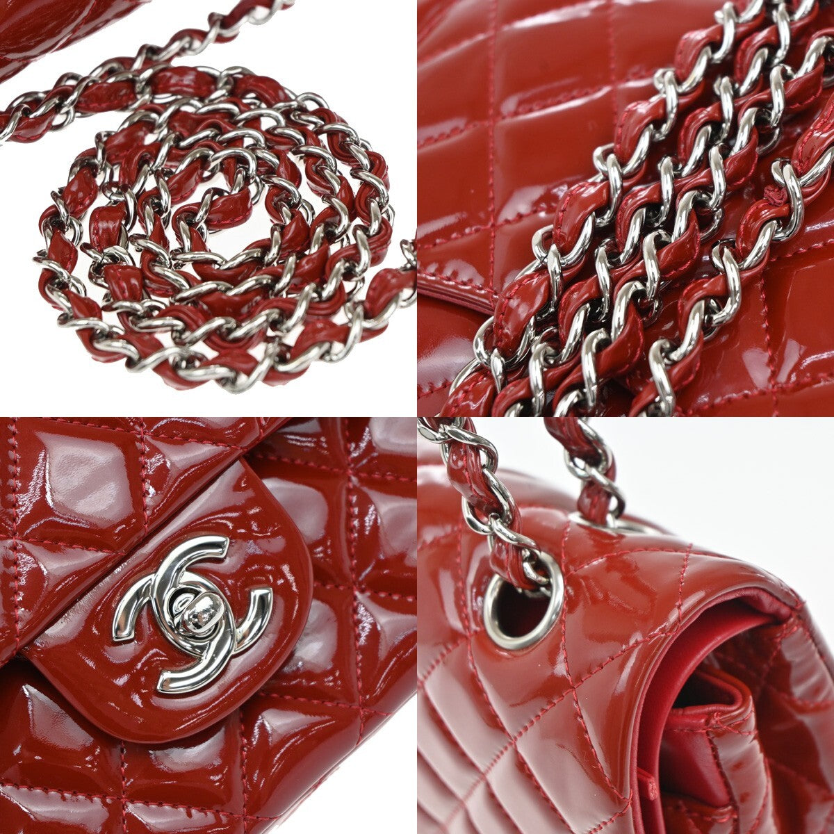 CHANEL Matelasse 25 Double Flap Chain Shoulder Bag Patent Leather Red 339RF259
