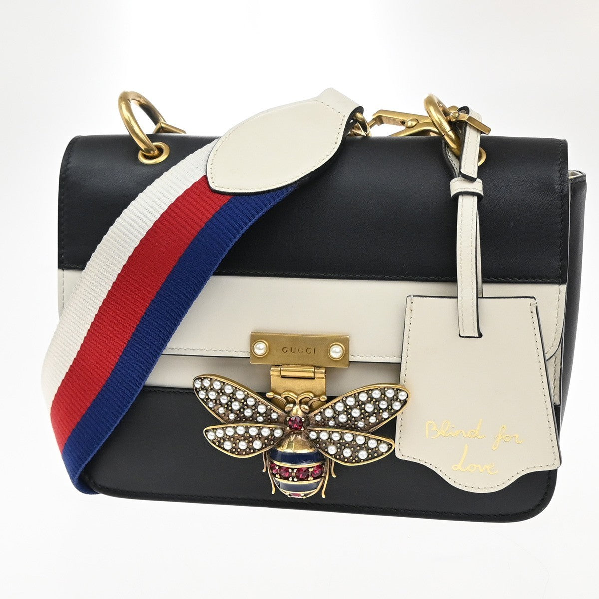 GUCCI Bee Queen Margaret Logo Shoulder Bag Leather Black White GHW Italy 20RL719
