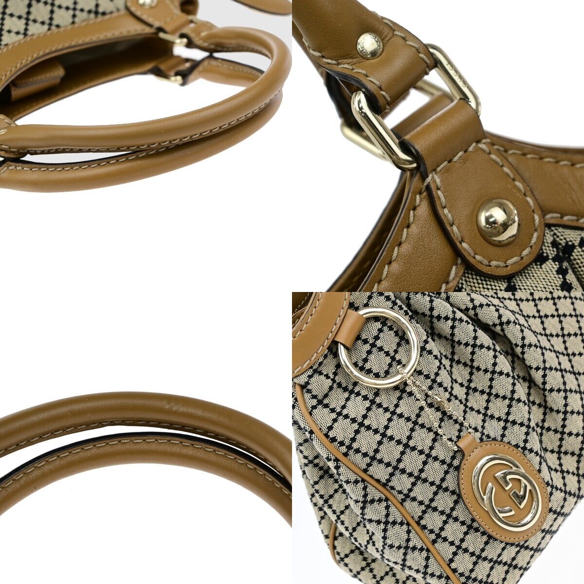 GUCCI Logo Diamante Sukey Shoulder Bag Charm Canvas Leather Brown 85EE037