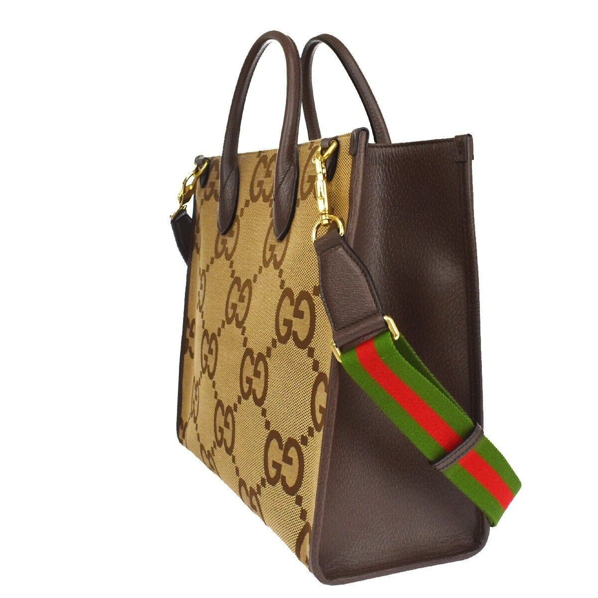 GUCCI Jumbo GG 2Wy Shoulder Hand Bag Canvas Leather Brown Gold Italy 641RC768