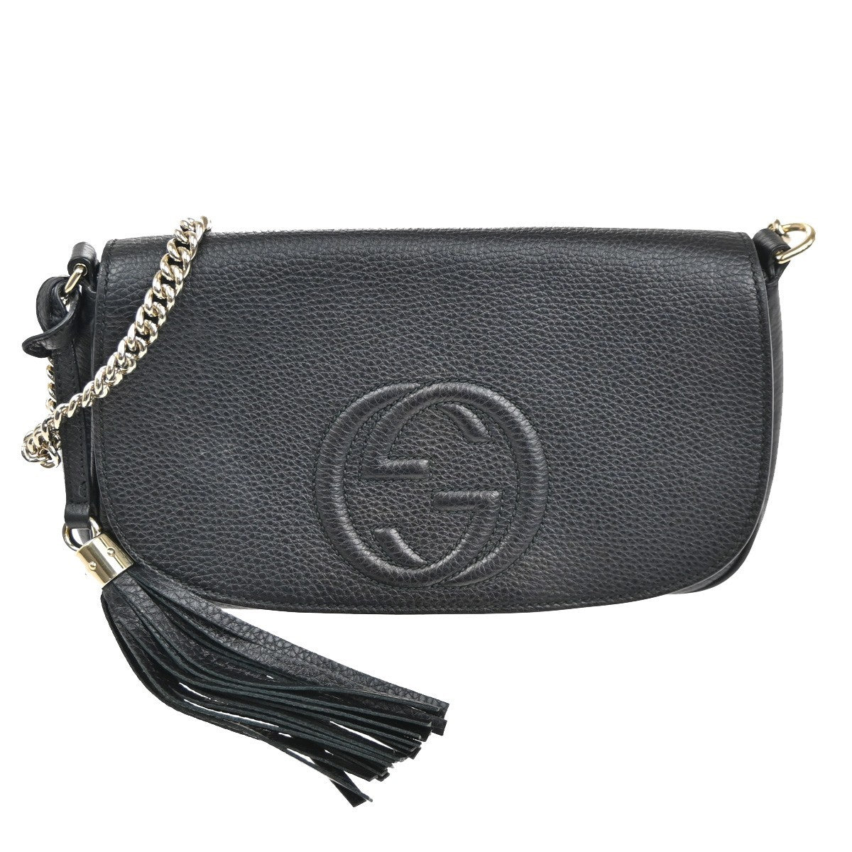 GUCCI GG Tassel Charm Crossbody Chain Shoulder Bag Leather Black Gold  99TA479