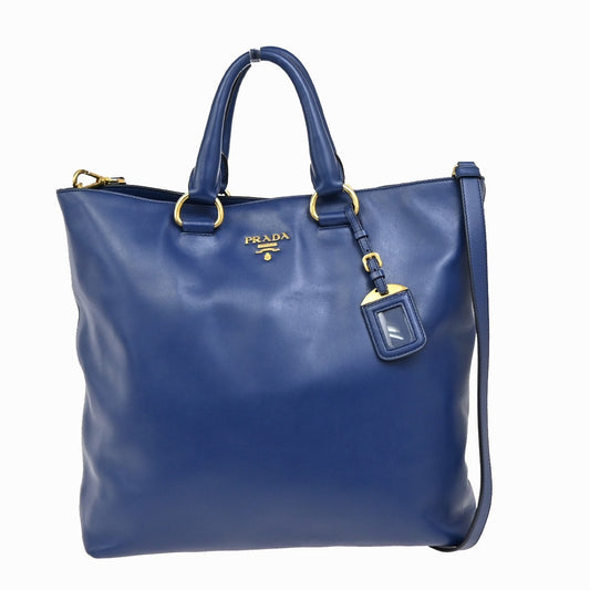 PRADA MILNO Logo 2Way Shoulder Tote Bag Leather Blue Gold-Plated 70KA763