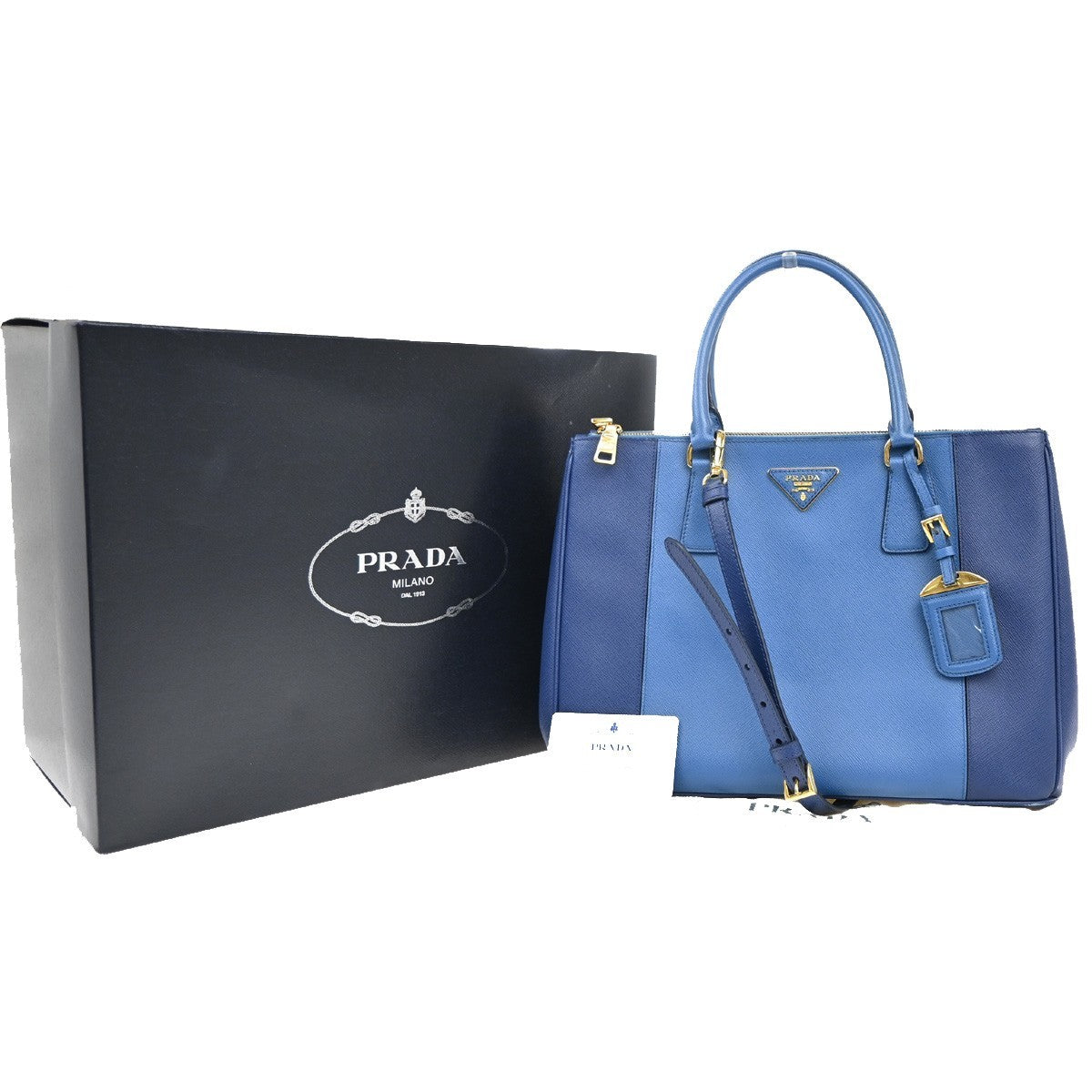 PRADA MILANO Logo 2Way Shoulder Hand Bag Saffiano Leather Blue GHW Italy 91EG070