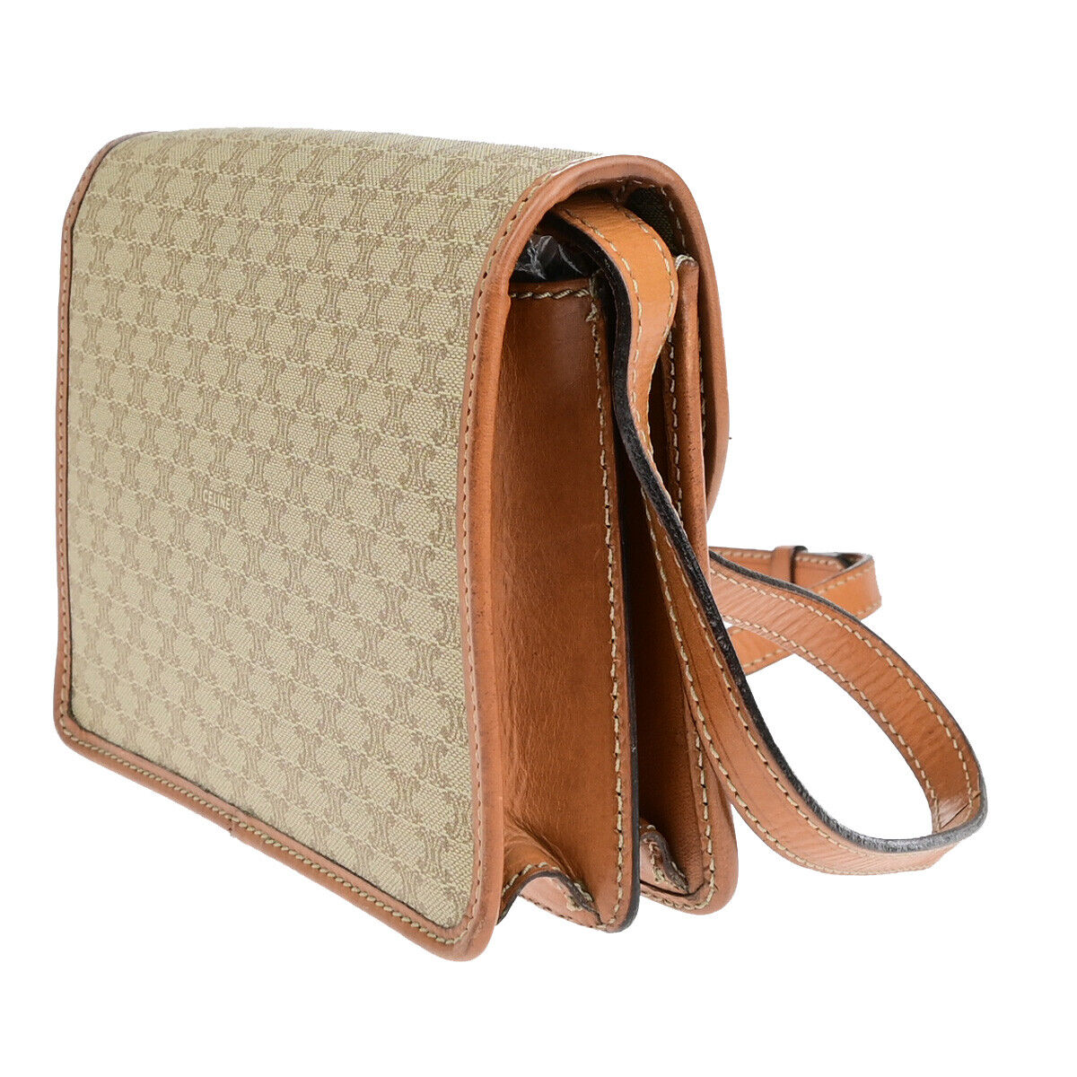 CELINE Logo Macadam Pattern Shoulder Bag PVC Leather Brown Beige GHW 33YF563