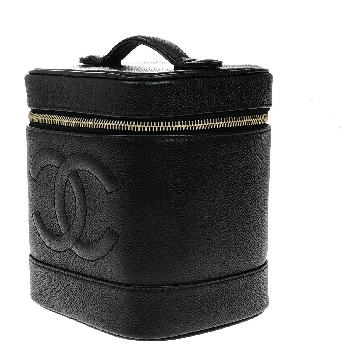 CHANEL CC Vanity Cosmetic Hand Bag Grained Calfskin Leather Black GHW 666RK928