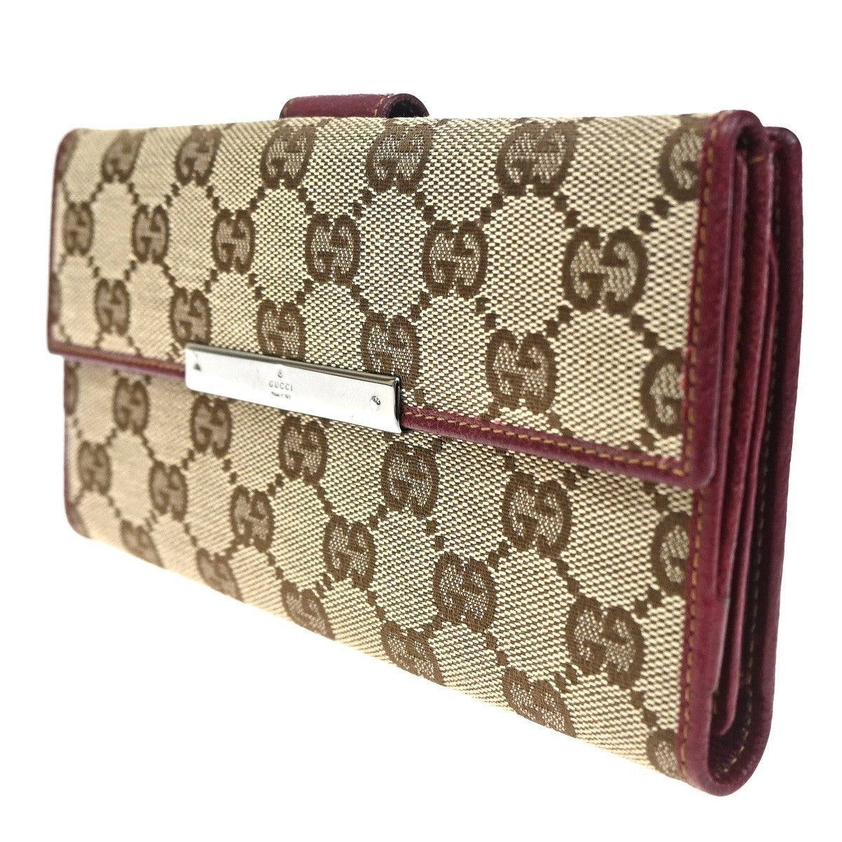 GUCCI GG Biifold Long Wallet Canvas Leather Red Beige SHW Italy 88KD057