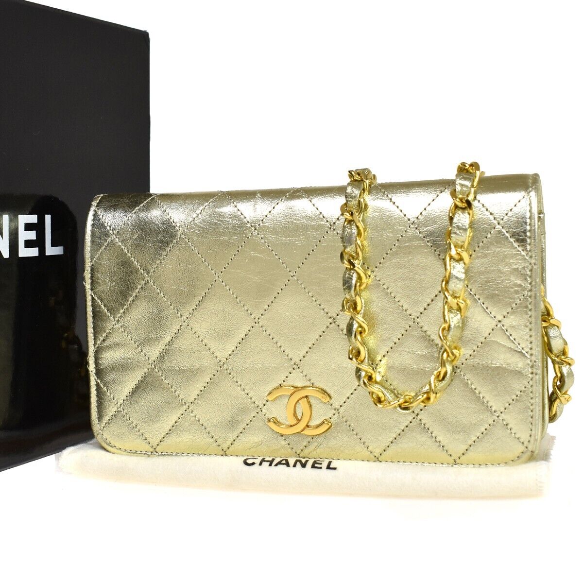 CHANEL CC Logo Mini Matelasse Full Flap Chain Shoulder Bag Leather Gold 652RC501