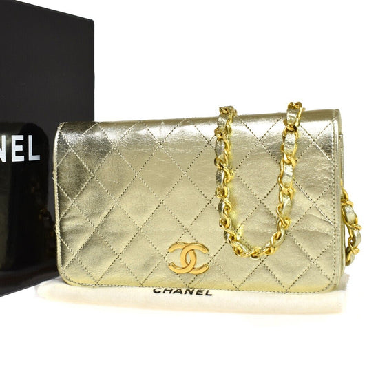 CHANEL CC Logo Mini Matelasse Full Flap Chain Shoulder Bag Leather Gold 652RC501