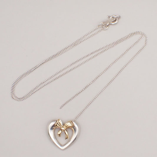 Tiffany & Co. Logo Heart Ribbon Chain Necklace 750 925 Silver Gold 63YH237