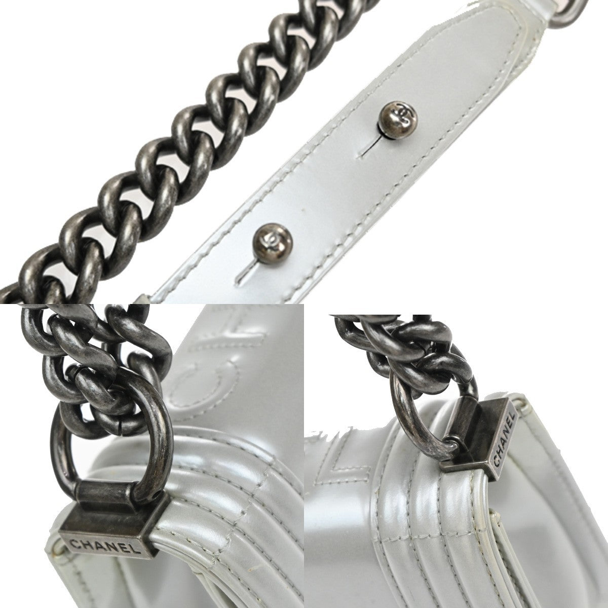 CHANEL Boy CC Chain Shoulder Bag Leather Silver SHW Italy 627RP168