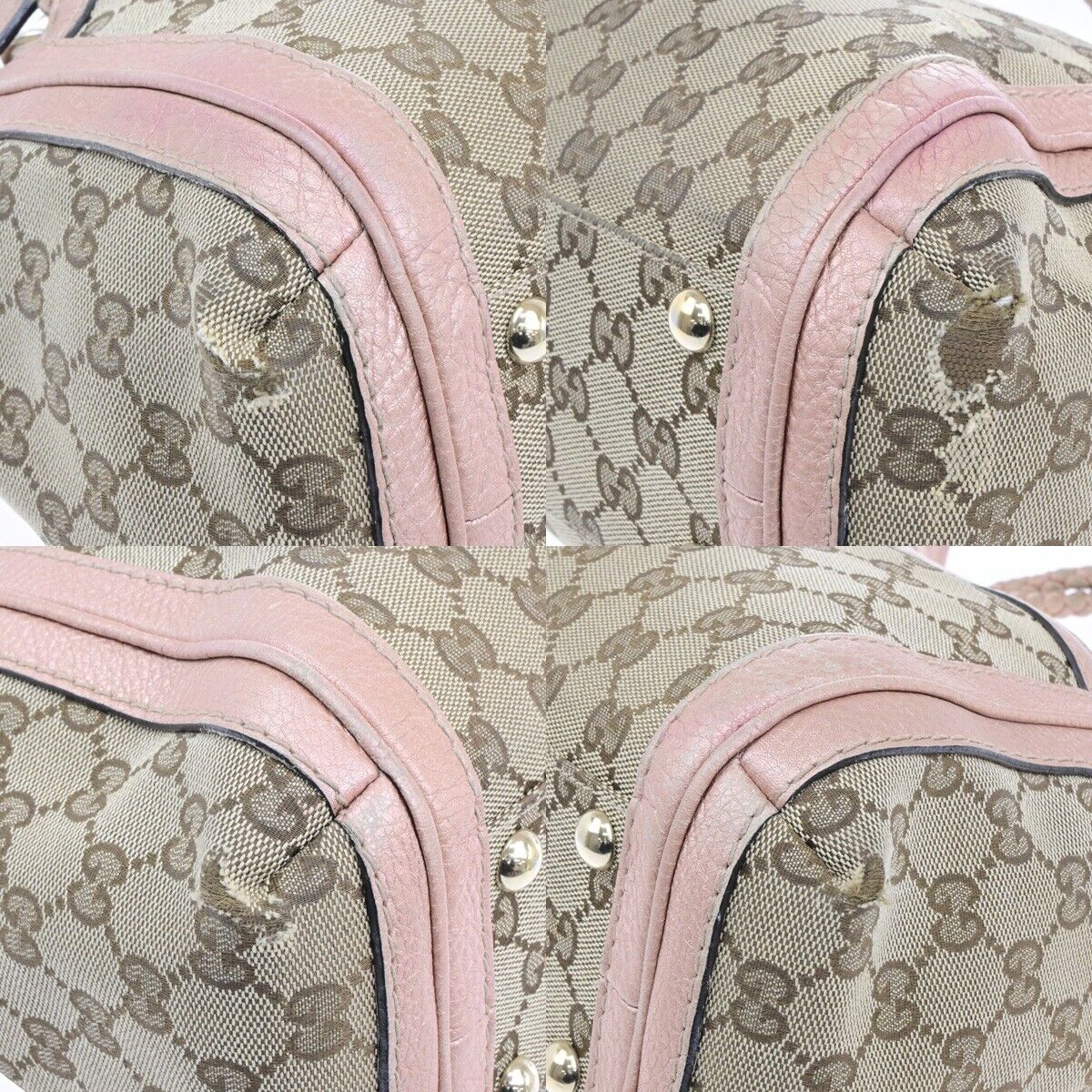 GUCCI Logo GG Pattern Shoulder Tote Bag Bamboo Canvas Leather Brown Pink 30EE118