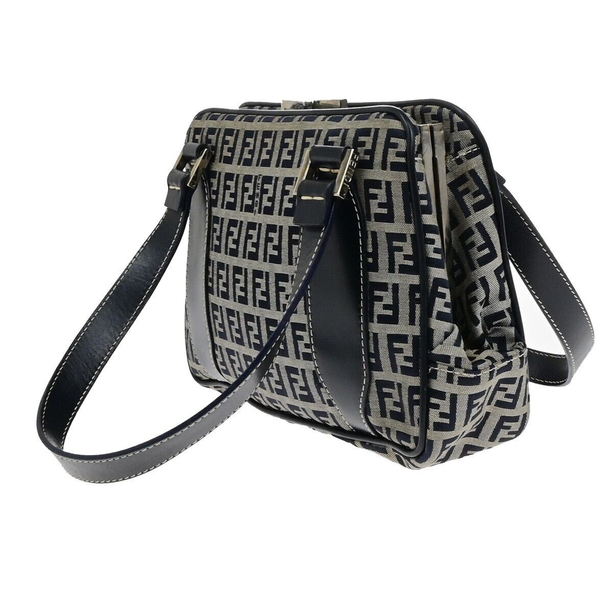FENDI Logo Zucchino Pattern Hand Bag Nylon Leather Navy Blue Silver 31KA551