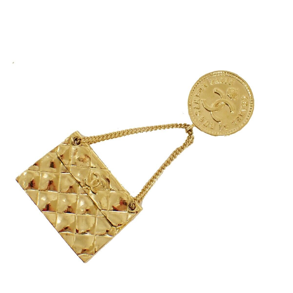 CHANEL CC Logo Matelasse Round Pin Brooch 95P GHW Accessory Vintage 70SH107