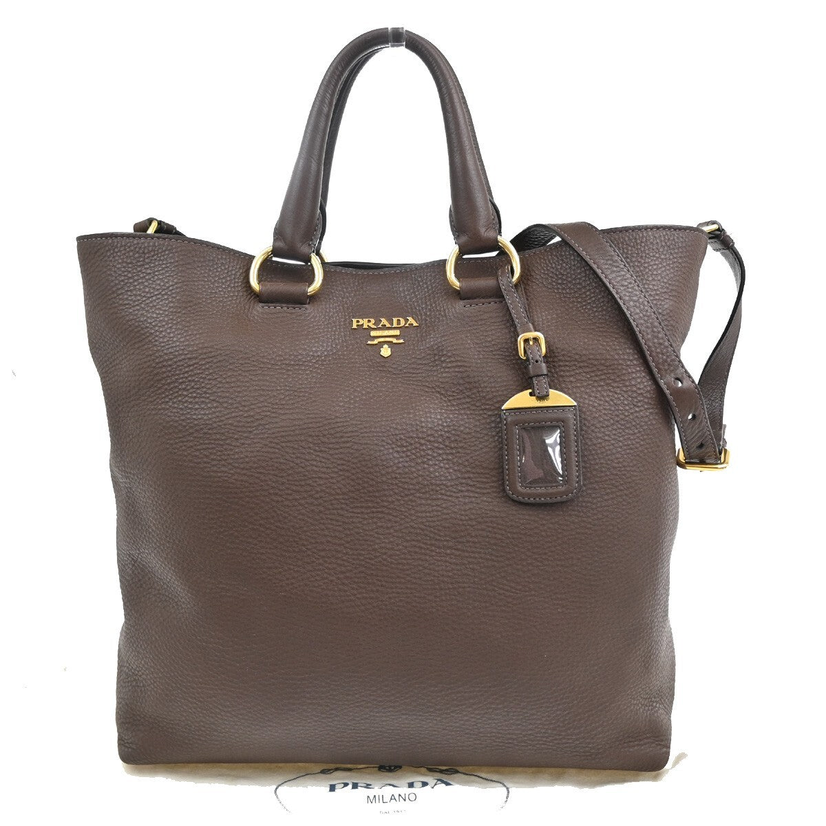 PRADA Logo 2Way Shoulder Tote Hand Bag Leather Brown Gold Italy 53RF343