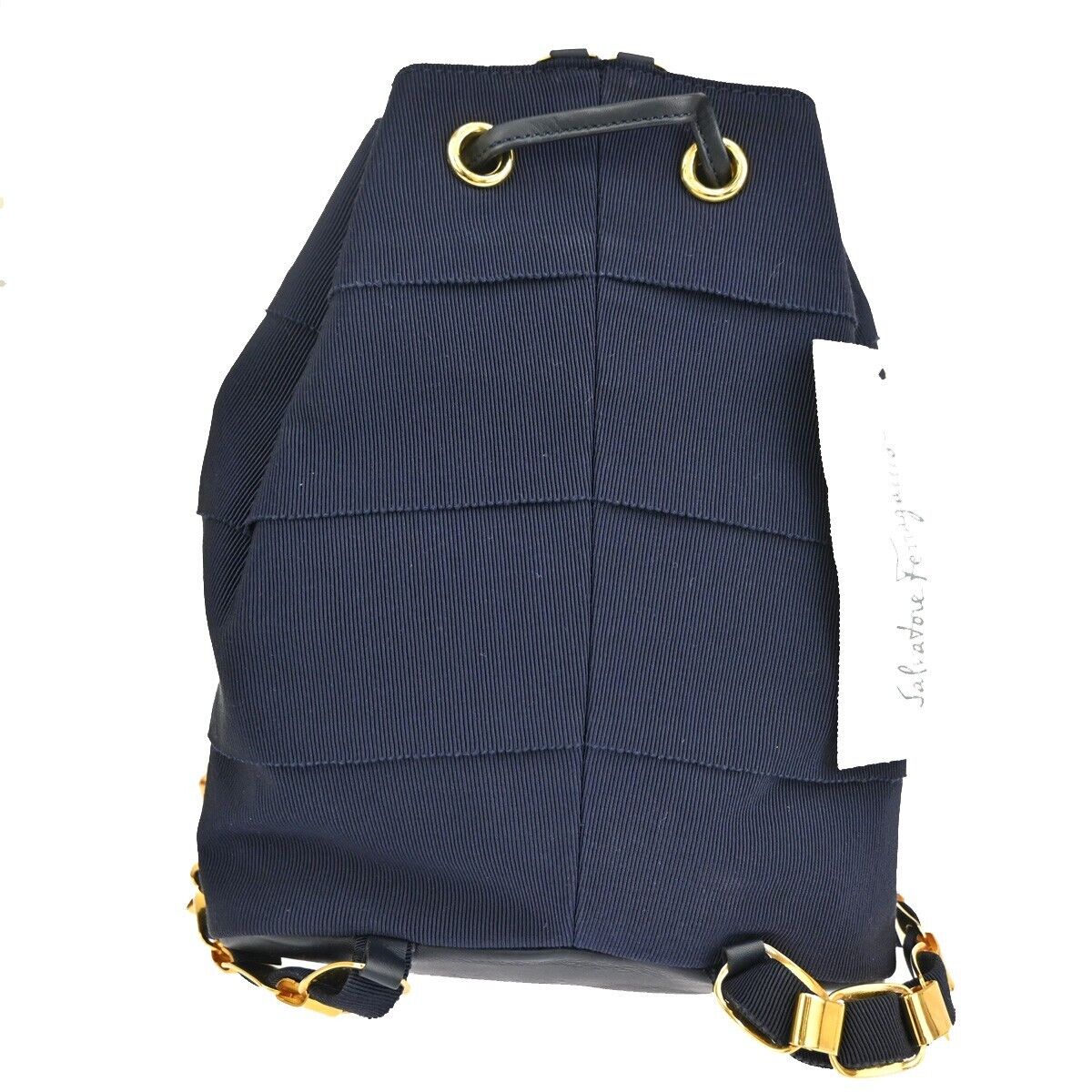 SALVATORE FERRAGAMO Vara Chain Backpack Bag Canvas Leather Navy Blue GHW 68YD430
