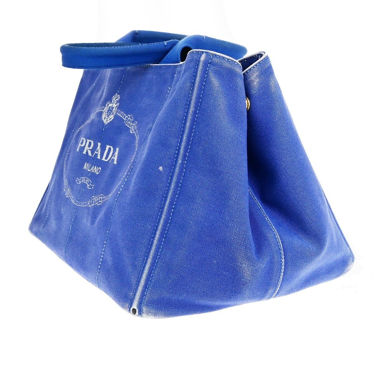 PRADA Milano Logo CANAPA Tote Hand Bag Canvas Leather Blue Gold 68EB512