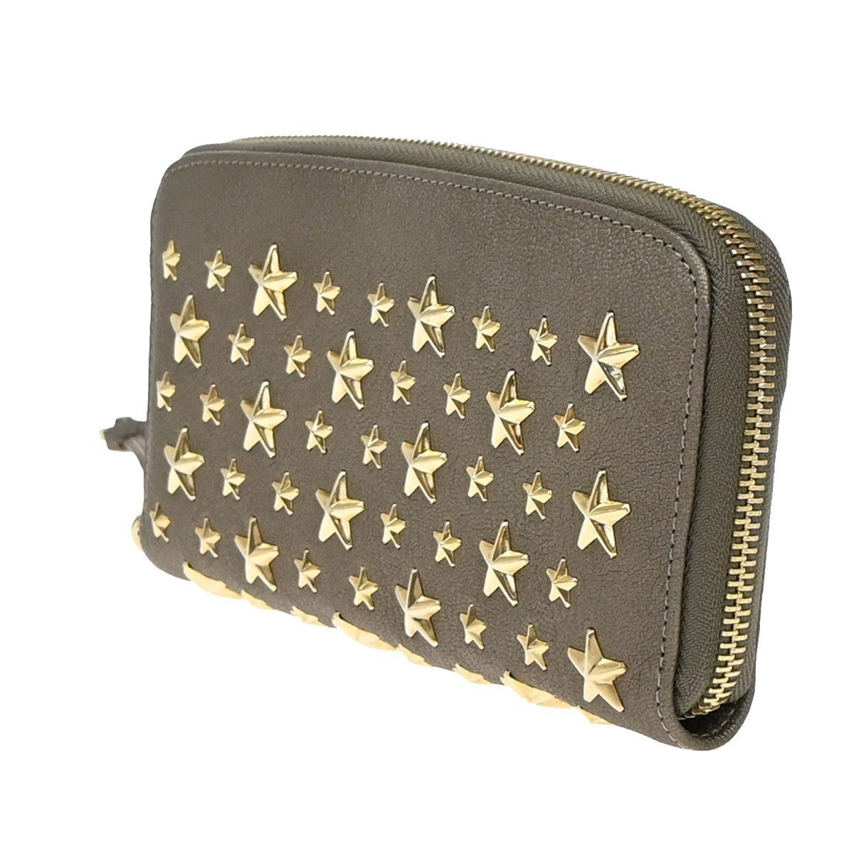 JIMMY CHOO Star Studs Zipper Long Wallet Leather Brown Gold Italy 64KP311