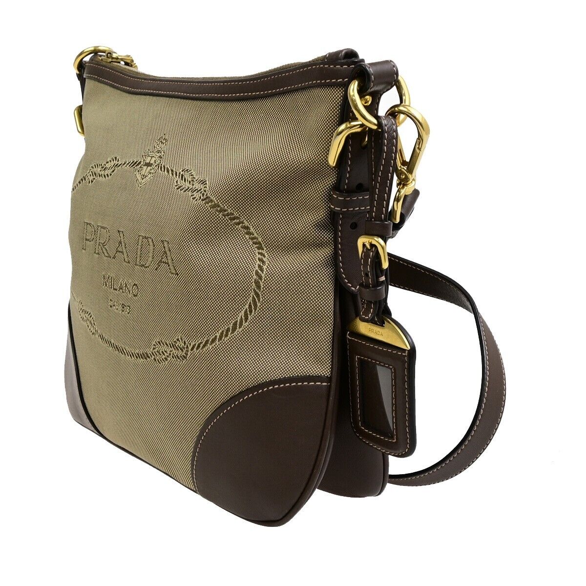 PRADA Logo Crossbody Shoulder Bag Jacquard Leather Brown GHW 18FB345