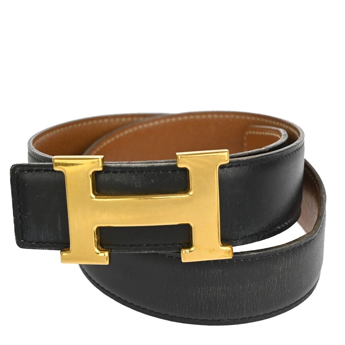 HERMES H Logo Constance Reversible Buckle Belt #68 Leather Black Gold 86YD916