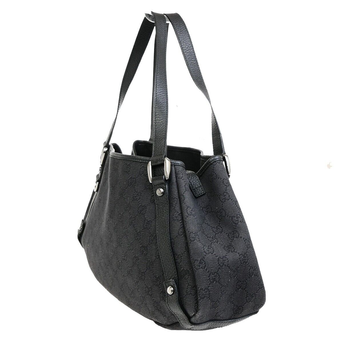 GUCCI Logo GG Pattern Shoulder Tote Bag Canvas Leather Black Italy 76FB351