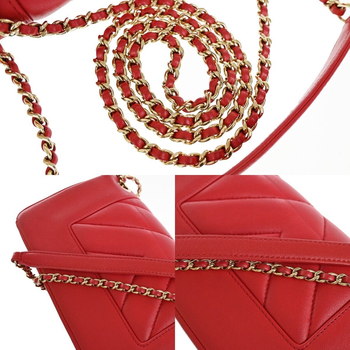 CHANEL CC Logo V Stitch Double Flap Chain Shoulder Bag Leather Red GHW 804RJ284