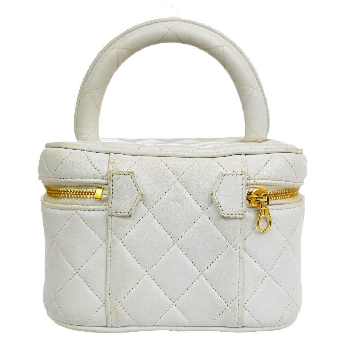 CHANEL Logo Matelasse Vanity Hand Bag Leather White GHW France Vintage 96RH435