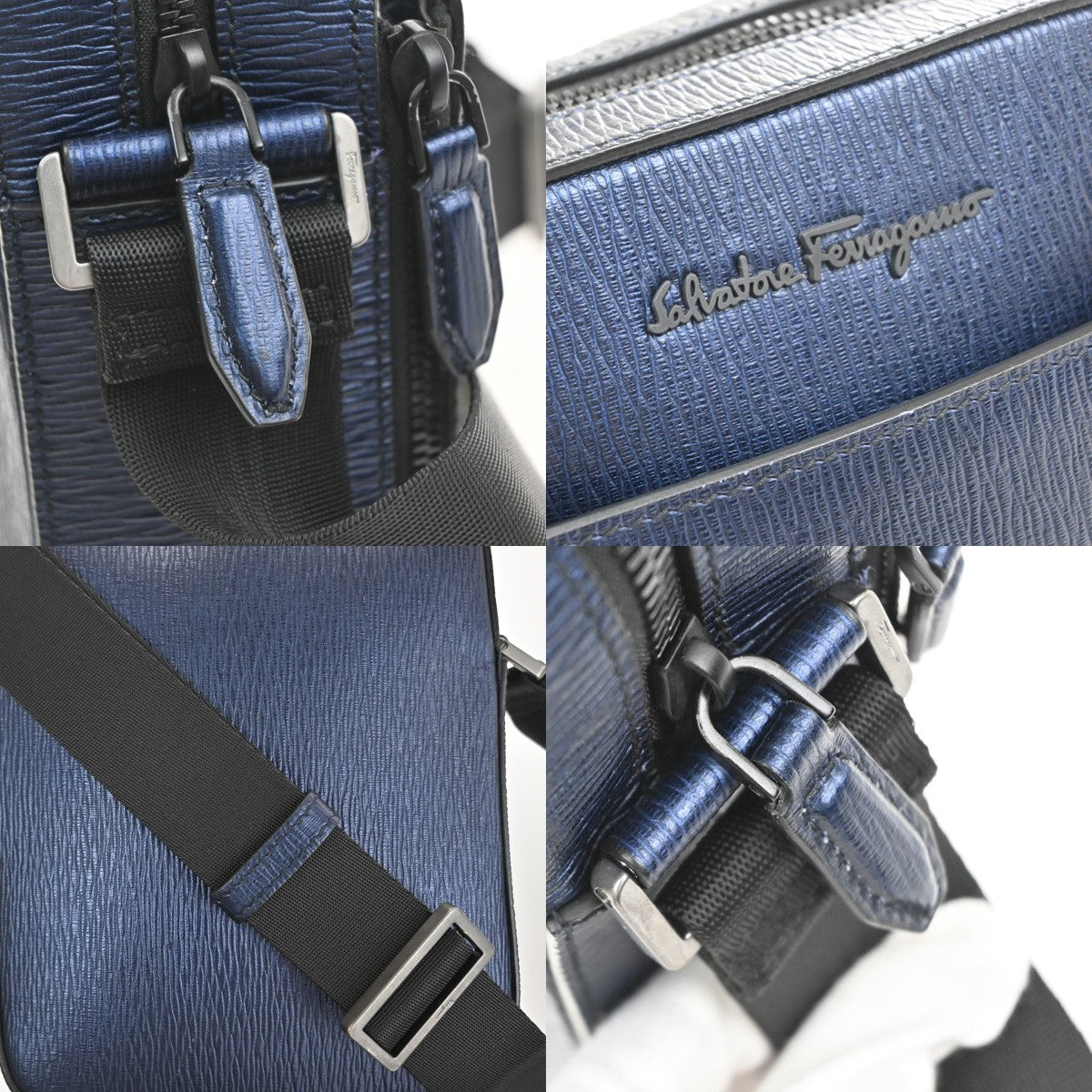 SALVATORE FERRAGAMO Logo Crossbody Shoulder Bag Leather Navy Blue Italy 38YJ125