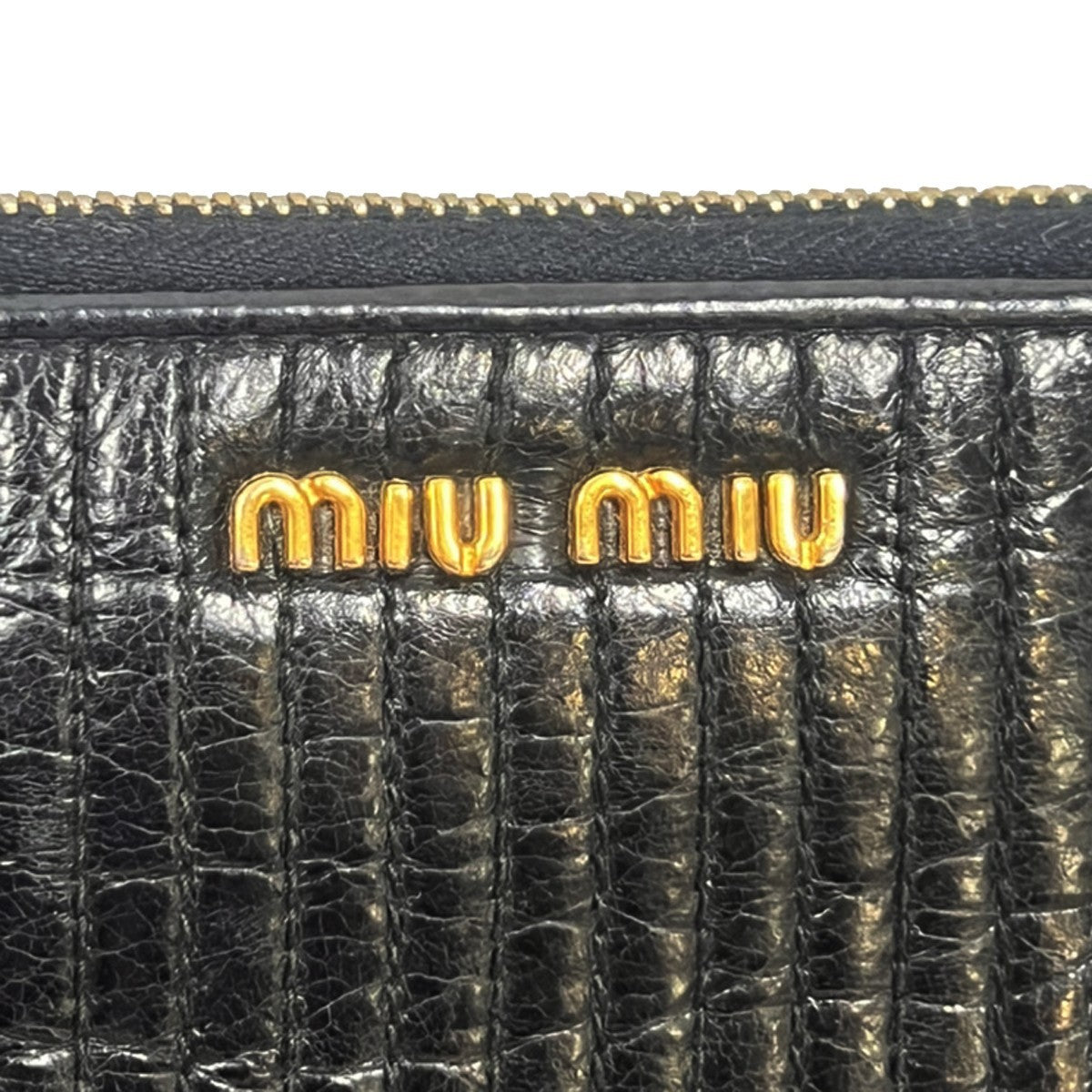 MIU MIU Logo Long Wallet Imitation Pearl Rhinestone Leather Black 60EG137
