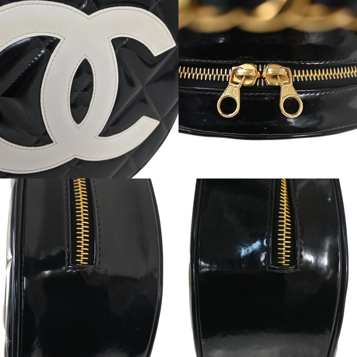 CHANEL CC Matelasse Round Vanity Chain Hand Bag Patent Leather Black 6820LC438