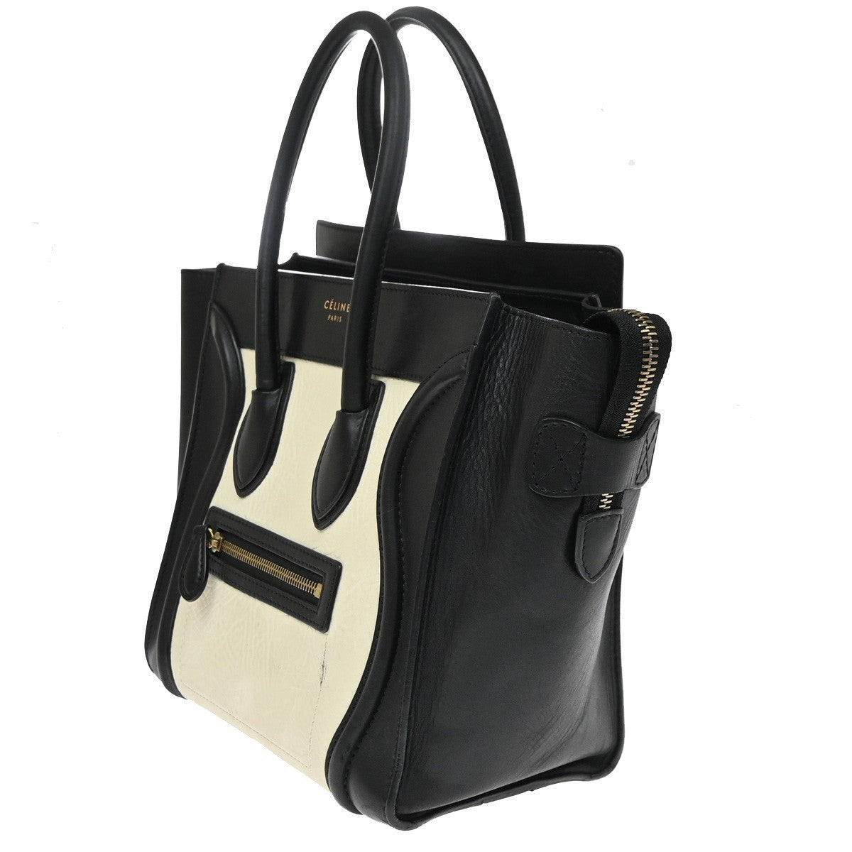 CELINE Logo Luggage Phantom Large Hand Tote Bag Leather Black White GHW 12EG408