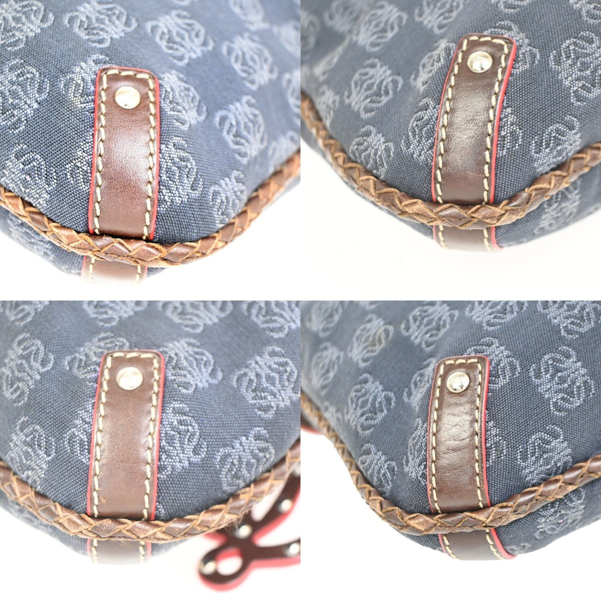LOEWE Logo Anagram Studded Flap Shoulder Bag Canvas Leather Navy SHW 35CA788