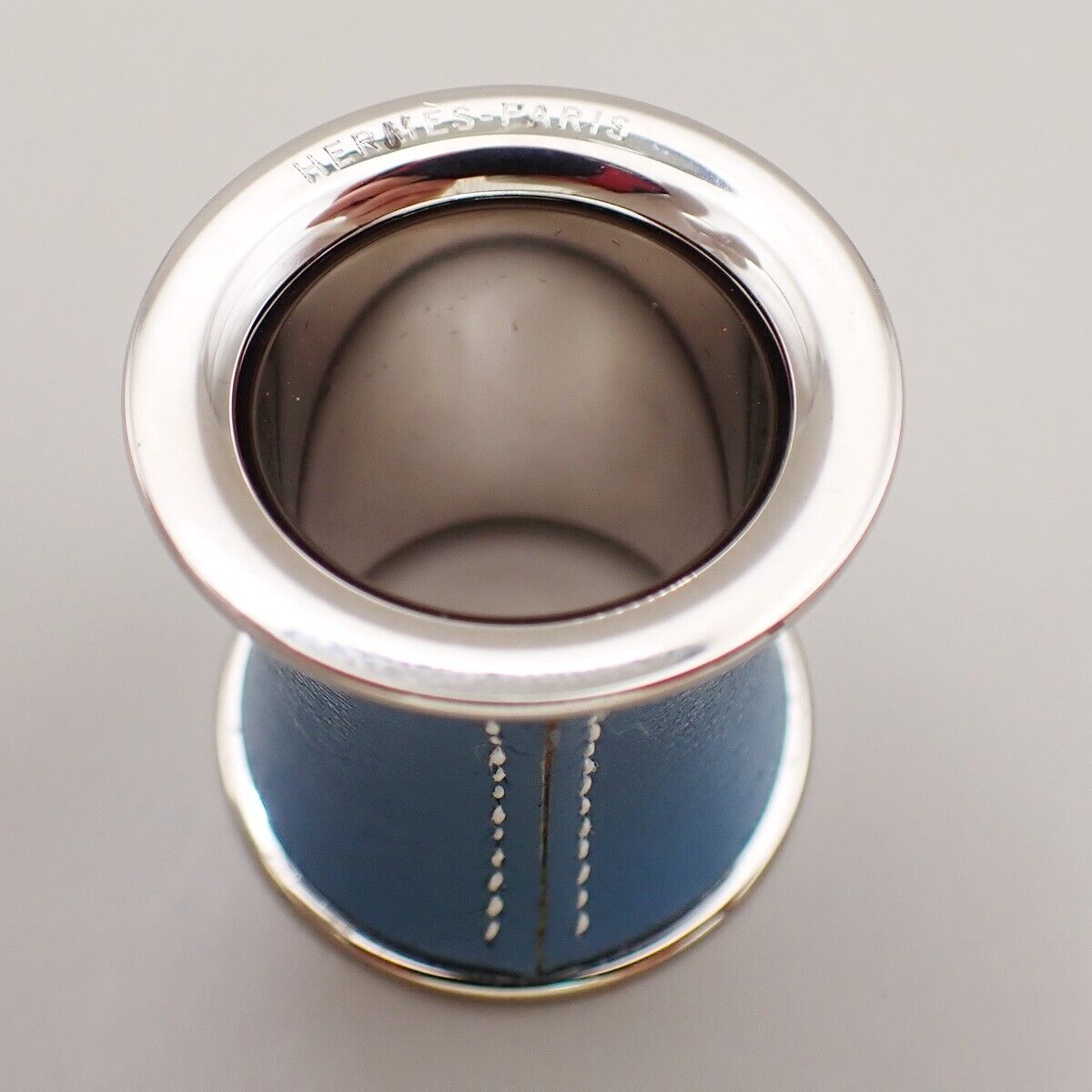 HERMES Logo Scarf Ring Leather Silver Blue Accessory 04KA476