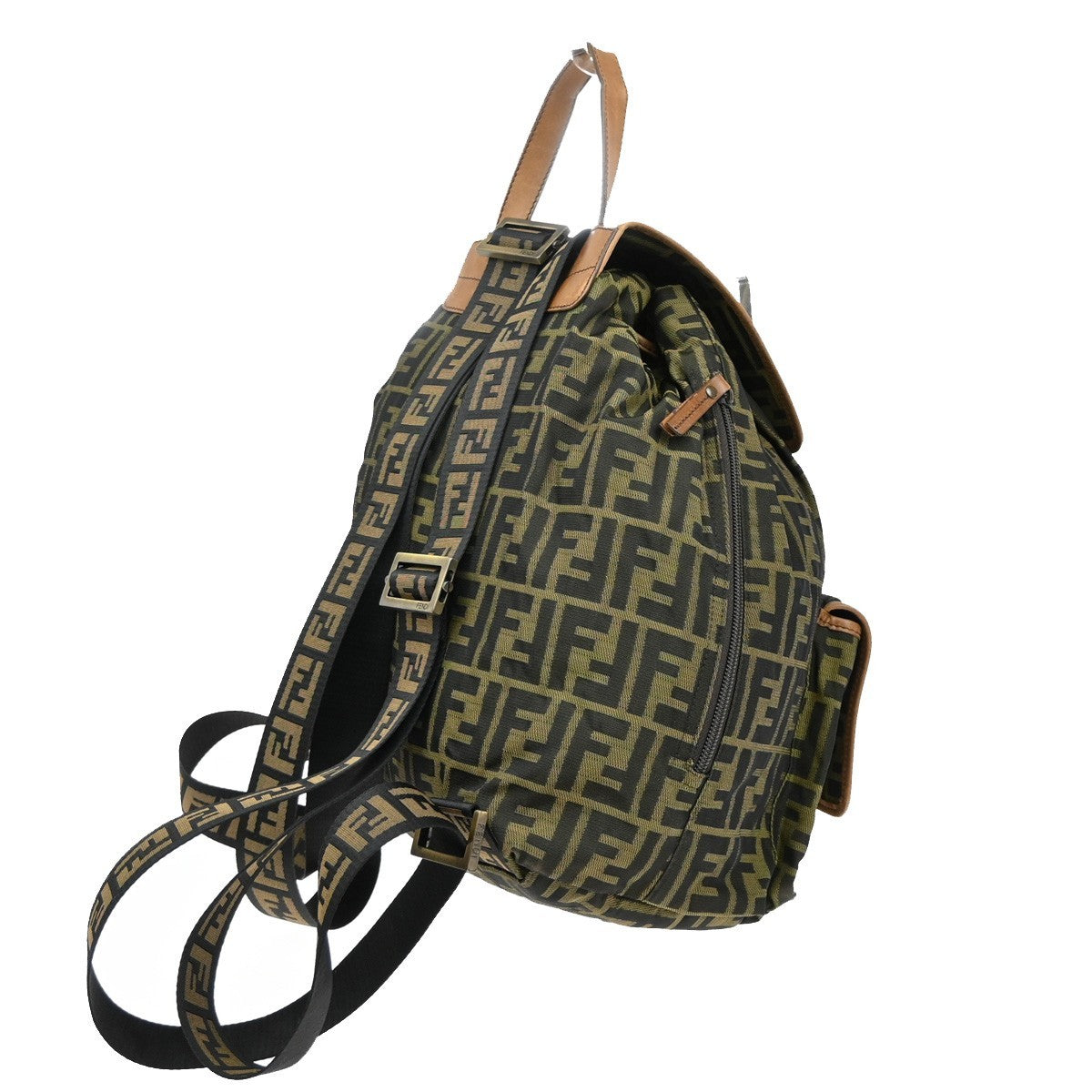 FENDI Logo Zucca Backpack Bag Canvas Leather Brown Khaki Italy 18KB450